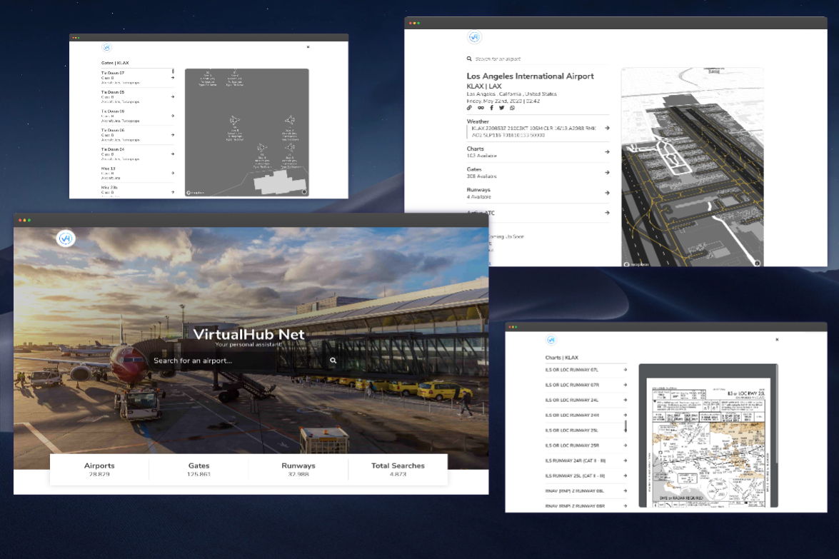 Screenshots of VH-net showing its functionality; searching airport charts, gates and more